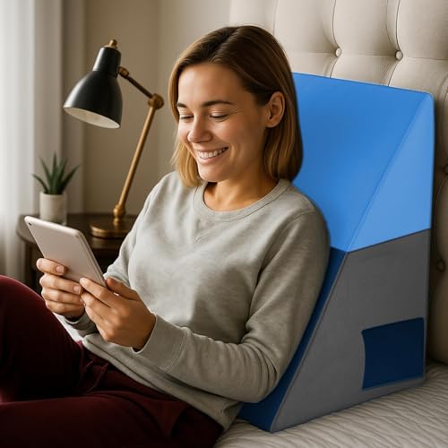 Sleepsia Wedge Pillow For Sleeping | 1 Year Warranty | Back Support Orthopedic Gel Memory Foam Wedge Cushion For Acid Reflux, Pregnancy, Snoring, Gerd, Back & Leg Support- Grey/Blue, 20″Lx17.4″Wx10″H