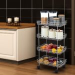 Amazon Brand – Solimo 4-Layer Stainless Steel Kitchen Storage Rack | Folding Vegetable & Fruit Basket | Onion Potato Organizer Trolley With Wheels (22.3Cm*39Cm*77Cm, Silver)