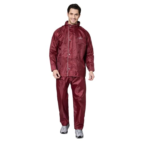 The Clownfish Waterproof Standard Length Rain Coat For Men With Pants Polyester Reversible Double Layer Rain Coat For Men Rain Jacket Suit Inner Mobile Pocket With Storage Bag(Maroon),X-Large