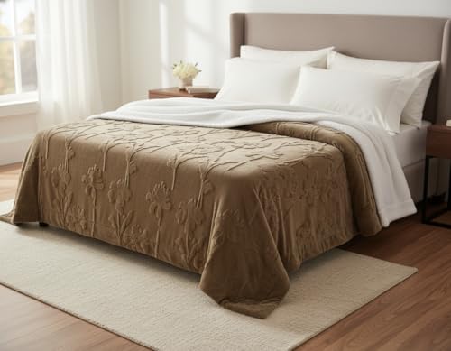 Bsb Home Faux Fur Jacquard Tufted Sherpa Blanket | 600 Gsm Ultra-Soft & Extra Warm Double Bed Luxurious Blanket | 225 X 220 Cm | 5D Embossed Floral Design | Heavy Winter Use – Wight 3.2 Kg, Brown