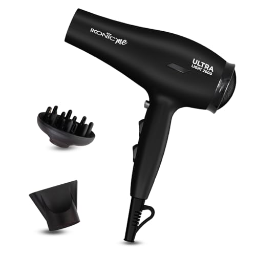 Ikonic Ultralight Professional Hair Dryer 2000 Watts With Nozzle, Diffuser, Hot And Cold Air Feauture, 2 Speed 3 Heat Settings With Cool Shot, Hanging Loop, For Both Men And Women, Suitable For All Hair Types, 1 Yr Warranty Black