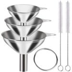 Coince Stainless Steel Funnel Set (3 Pcs) With 2 Cleaning Brushes | Food-Grade Metal Funnels With 0.47″, 0.35″ & 0.24″ Nozzles | Mini Kitchen Funnels For Liquid, Oil, Spice & Powder Transfer