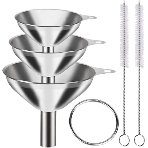 Coince Stainless Steel Funnel Set (3 Pcs) With 2 Cleaning Brushes | Food-Grade Metal Funnels With 0.47″, 0.35″ & 0.24″ Nozzles | Mini Kitchen Funnels For Liquid, Oil, Spice & Powder Transfer