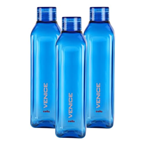 Cello Venice Plastic Water Bottle | Unbreakable And Hygienic | Perfect For Staying Hydrated At The School,College, Work, Gym And Outdoor Adventures Water Bottle | 1 Litre | Set Of 3, Blue