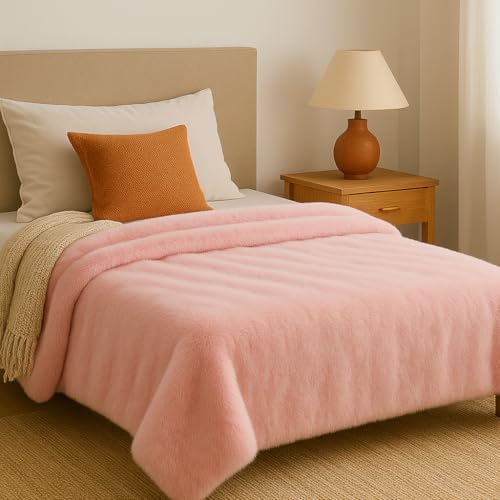 Bbs Home Luxury Rabbit Faux Fur Blanket | 500 Gsm Super Soft, Heavyweight, Fluffy Throw For Bed & Couch | Elegant & Warm Winter Blanket (Size – 230 X 240 Cm, Colour – Blush Pink, Bag Packing)