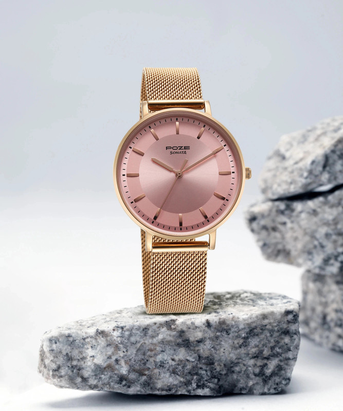 Sonata Poze Pink Dial Rose Gold Strap Analog Watch – For Women