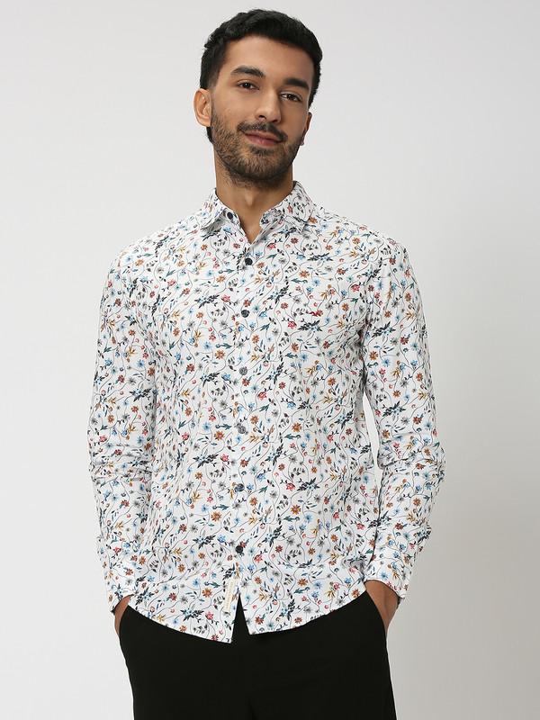 Mufti Men Floral Print Casual White Shirt