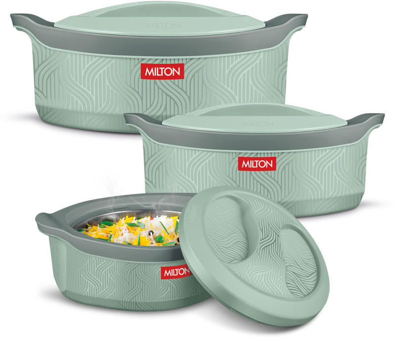 Milton Evoke Jr. Pu Insulated Inner Stainless Steel, 450Ml, 850Ml, 1240Ml, Light Green Serve Casserole Set(1240 Ml)