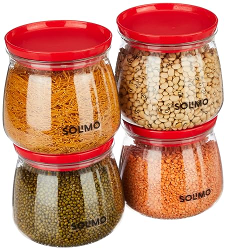 Amazon Brand – Solimo Plastic Storage Jar And Container Set I Air Tight & Bpa Free Containers For Kitchen Storage Set I Grocery Kitchen Container Set I Multipurpose Jar, 800 Ml Each, Set 4, Red