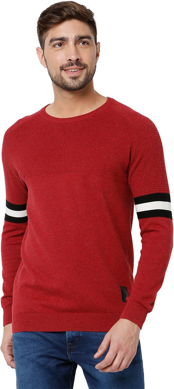 Mufti Striped Round Neck Casual Men Red Sweater