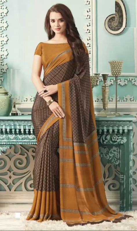 Sudarshana Printed Bollywood Silk Blend, Crepe Saree(Brown)