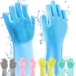 Magic Silicone Dishwashing Gloves Heat-Resistant Reusable Scrubbing Gloves For Kitchen Cleaning, Dishwashing Pet Grooming Car Wash & Bathroom Built-In Scrubber Bristles – Multicolor (1 Pair)