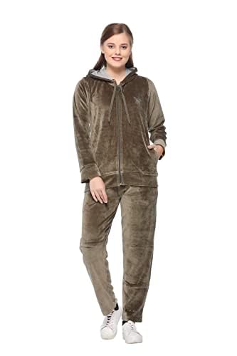 Cupid Regular Fit Plus Size Velvet Track Suit For Woman/Winter Wear Velvet Night Suit Set With Pockets/Ladies Track Suit_ Olive_4Xl