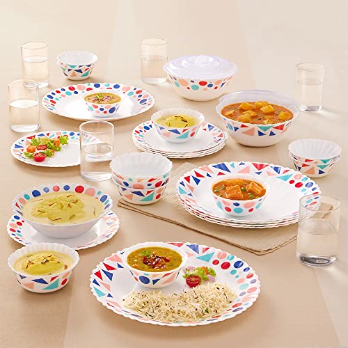 Larah By Borosil Speckle Silk Series Opalware Dinner Set With Glasses, 35 Pieces For Family Of 6, Microwave & Dishwasher Safe, Bone-Ash Free, Crockery Set For Dining & Gifting, Plates & Bowls, White