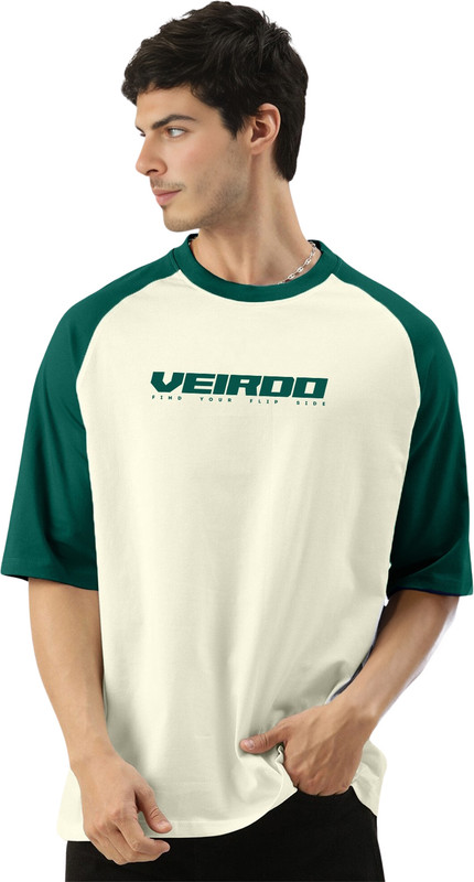 Veirdo Printed, Typography Men Round Neck Beige, Dark Green T-Shirt