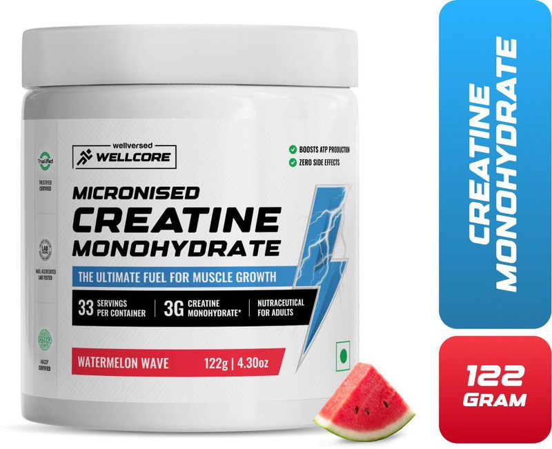 Wellcore Pure Micronised Creatine Monohydrate | Lab Tested | Enhanced Absorption Creatine(122 G, Watermelon Wave)