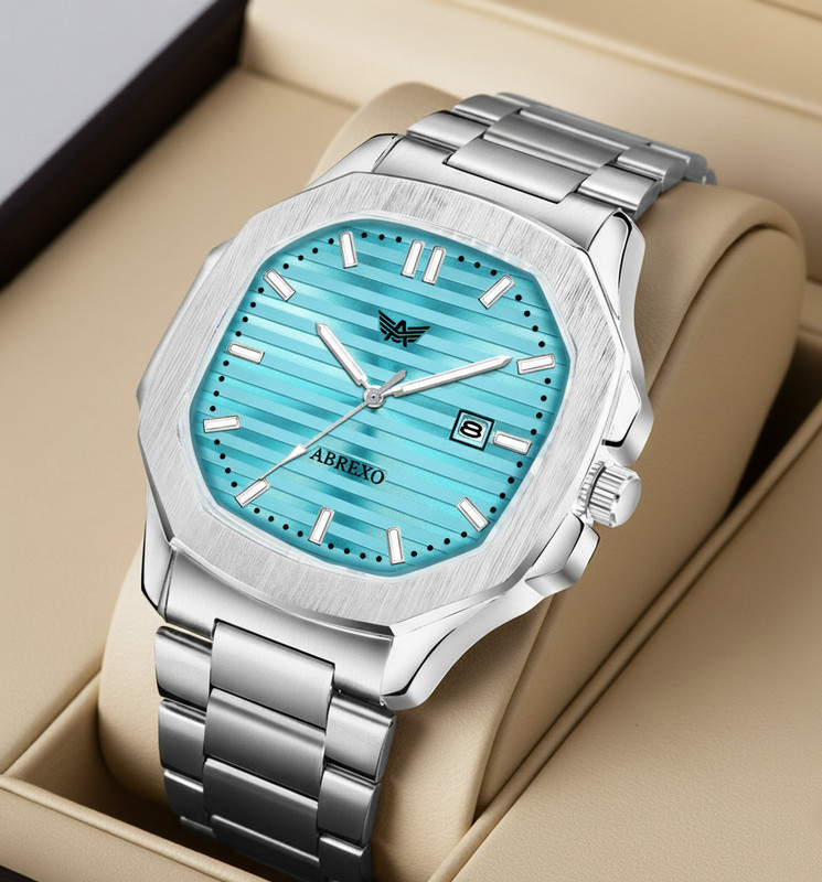 Abrexo Abx4568-Sky Blue Nautilus Date Working Square Blue Dial Silver Quartz Mechanism Watch For Boys Analog Watch – For Men