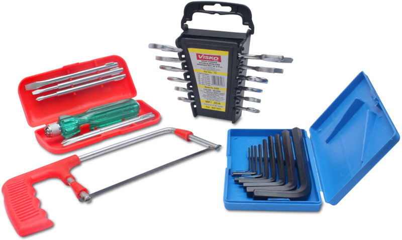 Visko 819 Hand Tools Combo With With 6″Junior Hacksaw Frame, With Plastic Handle, Crv Allen Key Set (Blue) – Pack Of 9, Combination Screwdriver Set (Pack Of 6), Doe Spanner Set (Silver, 8-Pieces) Combination Screwdriver Set(Pack Of 4)