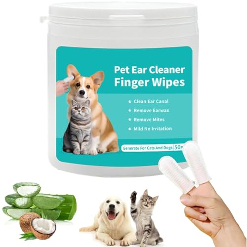 50 Pcs Dog & Cat Finger Ear Wipes – Gentle Ear Cleaner To Reduce Earwax, Soothe Itching, Relieve Inflammation & Deodorize | Fresh Coconut Scent, Natural Material