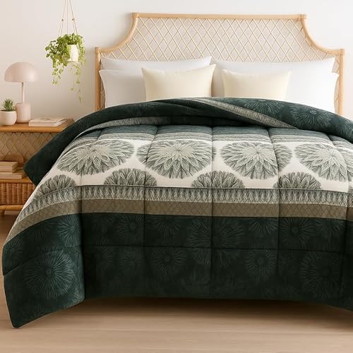 Bsb Home 3 Layered Heavy Winter Quilt | Rajai – 600 Gsm Thick & Fluffy Comforter, Ultra Warm Double Bed Blanket For Extreme Cold Weather Weight 3 Kg, Pattren – Quilted Floral, Colour – Green & White