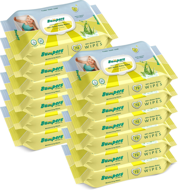 Bumpers Soft Cleansing Baby Wipes With Aloe Vera Extracts |72 Counts/Pack (Set Of 12)(864 Wipes)