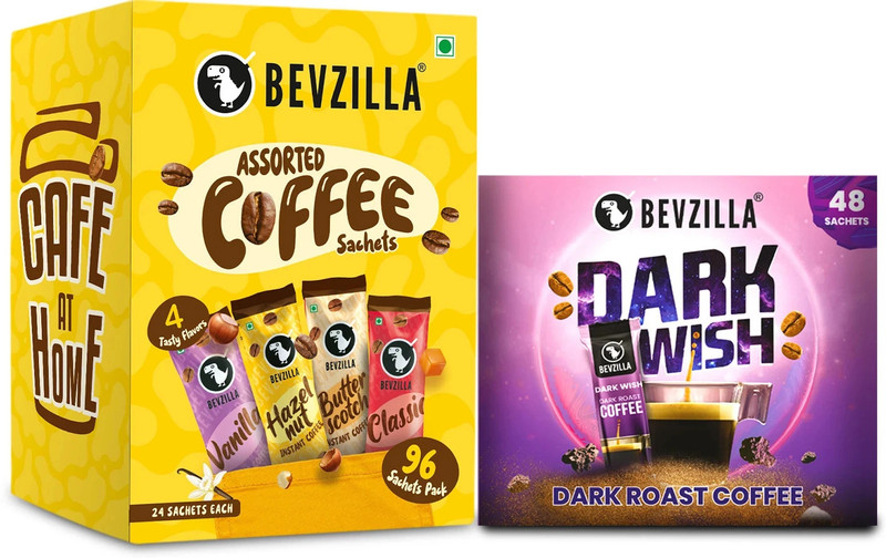 Bevzilla 48 Sachets Dark Wish Instant Coffee X 96 Assorted Instant Coffee Powder Sachets Instant Coffee(144 X 2 G, Vanilla Flavoured)