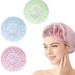 Shower Cap Set Of 3 For Women, Reusable Waterproof Elastic Eva Free-Size Bathroom Shower Caps – For Homes, Spas, Salons, Hair Treatment, Beauty Parlors (Multicolored And Multi-Design)