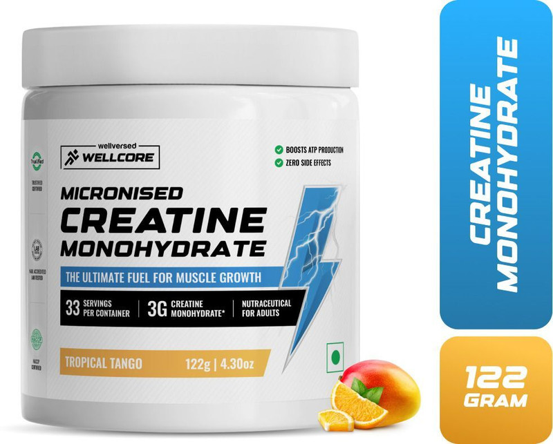 Wellcore Micronised Creatine Monohydrate | Lab Tested | Enhanced Absorption | 100% Pure Creatine(122 G, Tropical Tango)