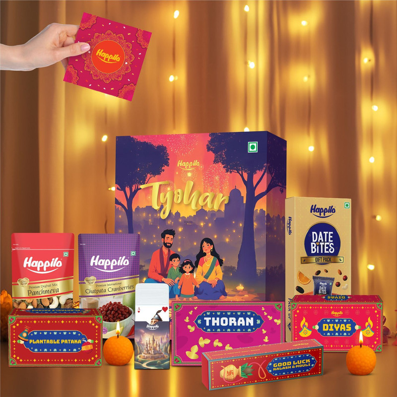Happilo Gift Box Tyohar Box 10 Inclusions Combo(Chatpata Cranberries 70G, Panchmeva 70G, Playing Cards, Date Bites Gift Box Pack Of 3, Plantable Pataka, Ceramic Diya 2Pcs, Motichoor Laddu Diya 2Pcs, Toran, Puja Kalash With Mouli, Greeting Card)