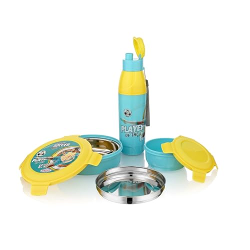 Asian Plastowares Little Champions 3-In-1 Insulated Lunch Box Set For Kids | 700Ml Steel Tiffin, 500Ml Water Bottle | Leakproof, Bpa Free | Yellow & Blue | Must-Have Back To School Set