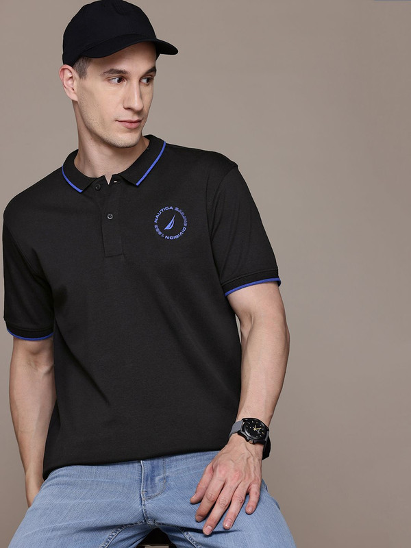 Nautica Solid Men Polo Neck Black T-Shirt