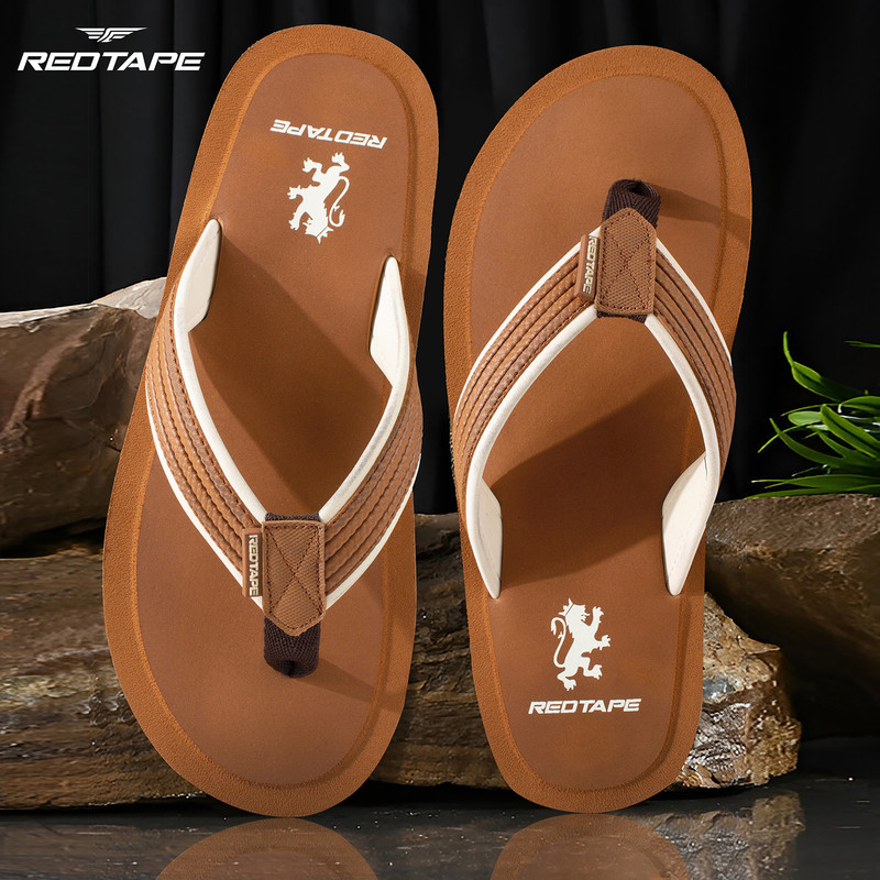 Red Tape Men Flip Flops(Tan, Off White , 7)