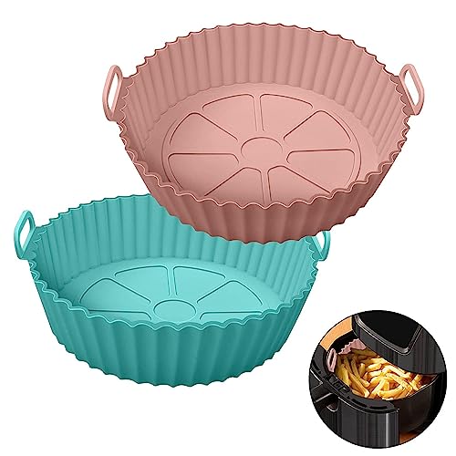 Wozkem Air Fryer Liners, Round Silicone Basket Baking Tray With Handles, Nonstick Reusable Heat Resistant Multicolor 8 Inch, Pack Of 2