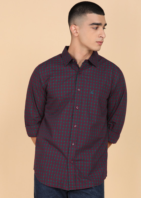 United Colors Of Benetton Men Checkered Casual Maroon Shirt