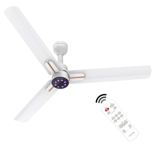 Polycab Wizzy Neo Led 1200Mm 5-Star Bldc, Remote Ceiling Fan For Living Room | 8 Purple Led Speed Indicator | High Air Delivery, 25 Speed Control,Free Installation | 4-Yr Warranty【White Rose Gold】