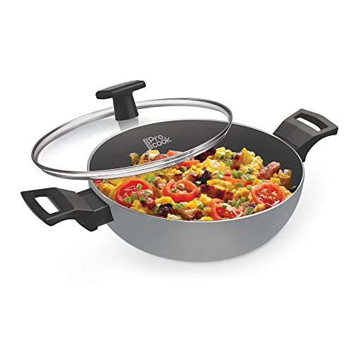 Milton Procook Black Pearl Aluminium Kadhai With Glass Lid, 22 Cm/2.1 Ltr, Induction Base, Non-Stick Deep Kadai, Grey, 1 Year Warranty, Cook Like A Pro & Fry Like A Champ