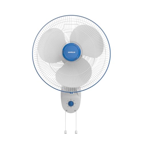 Havells Gatik Pro 400Mm Wall Mount Fan | Rpm: 1350 | Double String For Speed & Oscillation Control | Thermal Overloaded Protected Motor | 100% Copper Wire Winding Motor | 2 Year Warranty (White Blue)