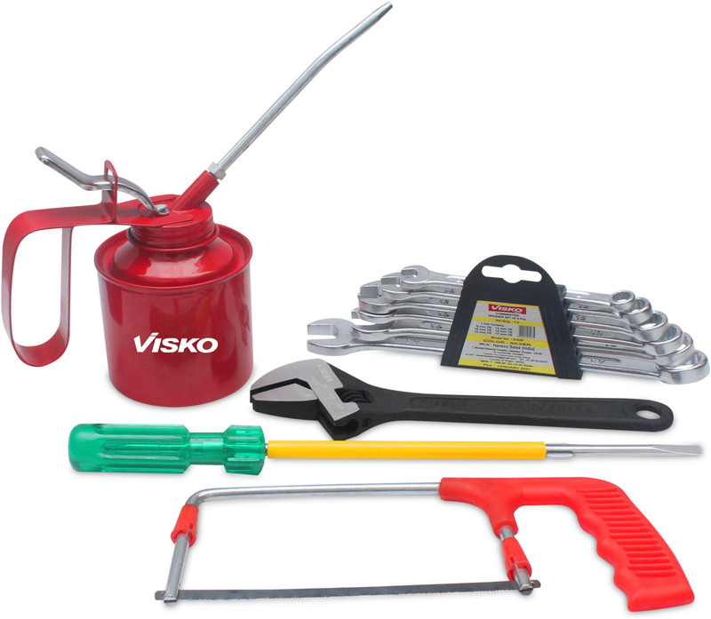 Visko 821 Hand Tools Combo With 6″Junior Hacksaw Frame, 1/2 Oil Can, 2 In 1 Long Handle Screwdriver, Phosphate Finish Single Sided Open End Wrench,Spanner Set, Combination Spanner Set Of 6 Pcs Combination Screwdriver Set(Pack Of 5)