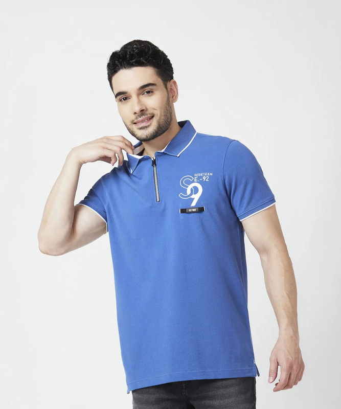 Spykar Solid Men Polo Neck Light Blue T-Shirt
