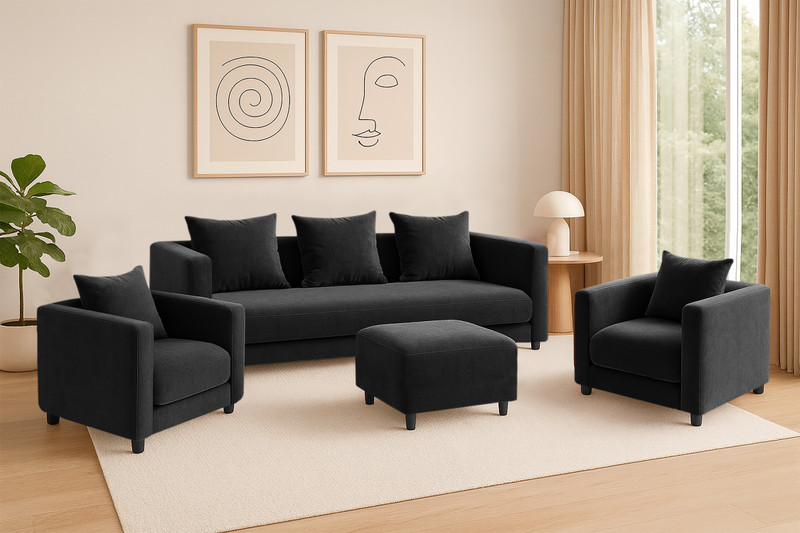 Dr Smith 3+1+1 Fabric 3 + 1 + 1 Sofa Set(Black, Pre-Assembled)