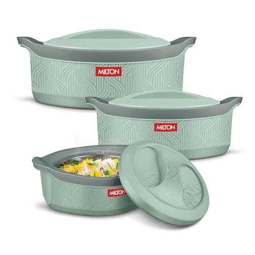 Milton Evoke Jr. Gift Set Pu Insulated Inner Stainless Steel Casserole,Set Of 3(450 Ml,850 Ml, 1240 Ml),Light Green,Bpa Free,Food Grade,Hot And Cold,Easy To Carry,Easy To Store,Chapati,Roti,Curd Maker