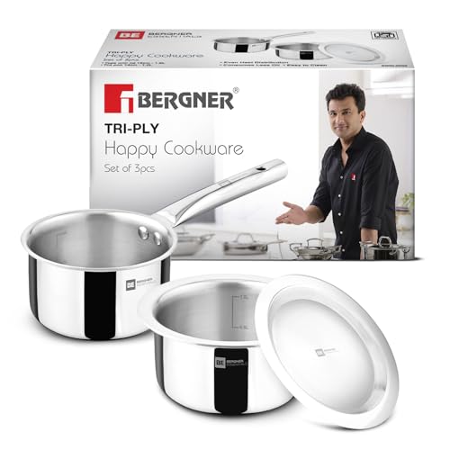 Bergner Tripro Triply 3 Pcs Stainless Steel Cookware Happy Set – Tope With Lid 16Cm (1.5L) And Teapan 14Cm (1L), Even And Faster Heating, Healthy Cooking, Less Oil Use – Induction And Gas Stove Ready