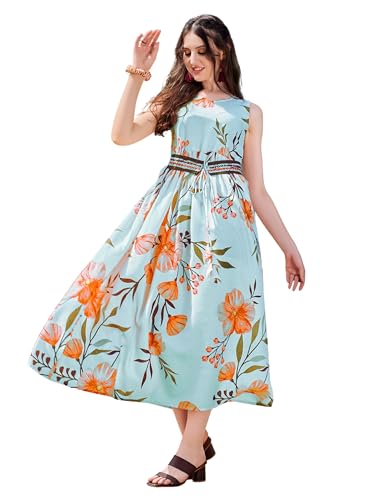 Youthnic Women’S Silk Blend Anarkali Floral Print Kurta With Attached Belt Blue