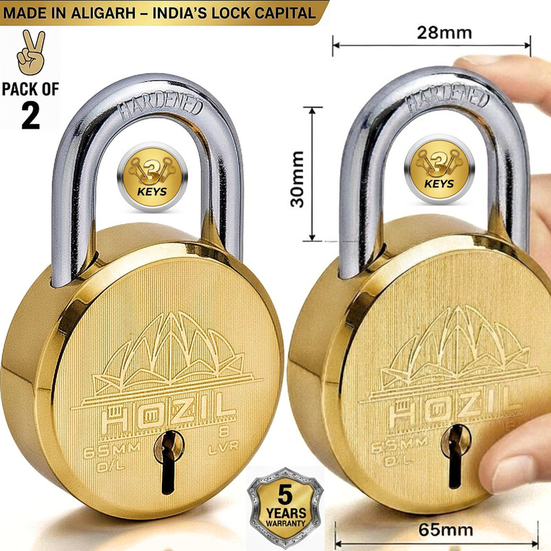 Hozil L65 65Mm With 3Keys, Double Locking, 8 Levers (Pack Of 2) Padlock(Gold)