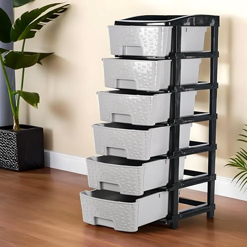 Kuber Industries 6-Layer & 63 Ltr Plastic Drawer Storage Organiser | Modular Kitchen & Toy Organizer For Kids Room | Black & Grey