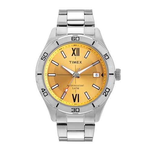 Timex Analog Watch For Men With Yellow Dial & Silver Stainless Steel Bracelet Band – Water Resistant Men’S Wrist Watches -Tweg295Smu03