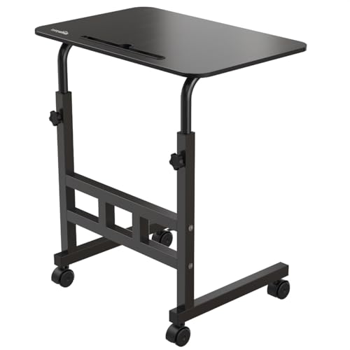 Amazon Basics Adjustable Height Wooden Table With Wheels | Portable Multipurpose Table | Smooth Rolling Wheels | Perfect Posture Adjustment | Trolly Laptop Table (Black)