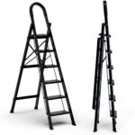 Jialto 6 Step Ladder With Handrail For Home, Folding Steel Step Stool, Anti Slip Wide Pedal, Lightweight Portable Ladder For Kitchen, Office, Indoor Outdoor Use, Space Saving Design (Black)