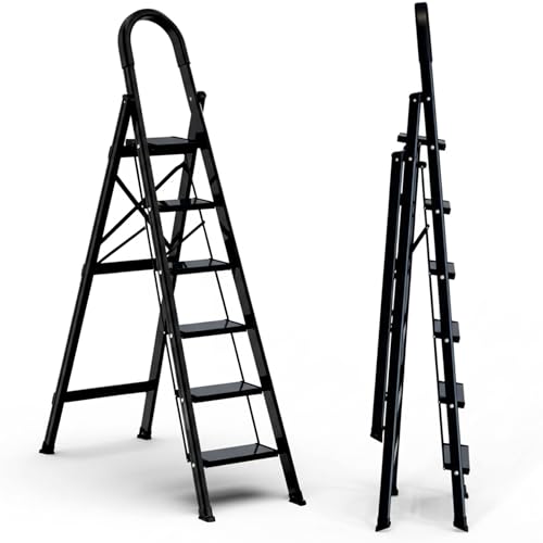 Jialto 6 Step Ladder With Handrail For Home, Folding Steel Step Stool, Anti Slip Wide Pedal, Lightweight Portable Ladder For Kitchen, Office, Indoor Outdoor Use, Space Saving Design (Black)
