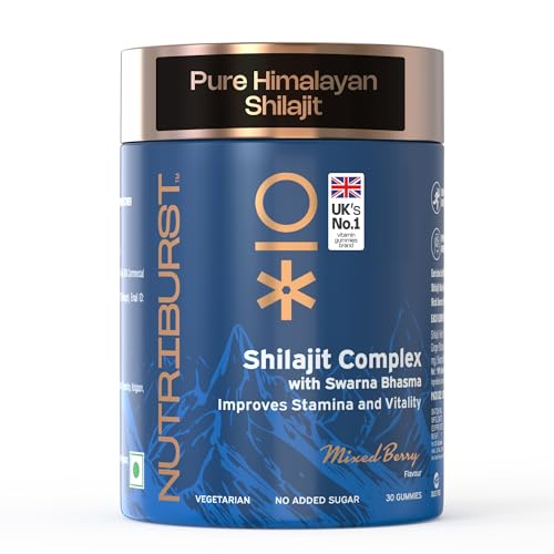 Nutriburst Shilajit Resin Gummies, Ayurvedic Herbal Blend With Swarna Bhasma, Ksm-66 Ashwagandha, Black Musli And Ginger, Natural Energy & Vitality Boost, Mixed-Berry Flavor | 30 Gummies, 1 Month Pack